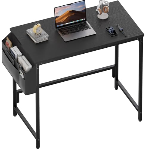 HLFURNIEU 80 x 40 cm Escritorio, Mesa Escritorio Pequeña con Bolsa de Almacenaje, Mesa Ordenador, para Oficina en Casa, Sala de Estar, Espacios Pequeños, Estructura Metal, Negro