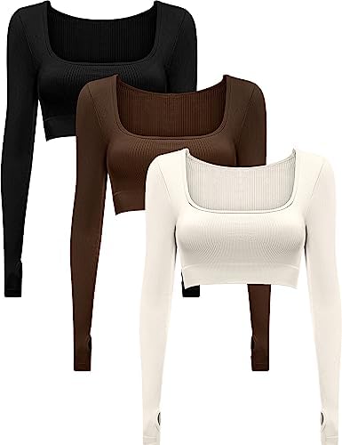 3 Pack Ribbed Seamless Long Sleeve Crop Tops Square Neck Cropped Top Set for Women Workout Gym Yoga