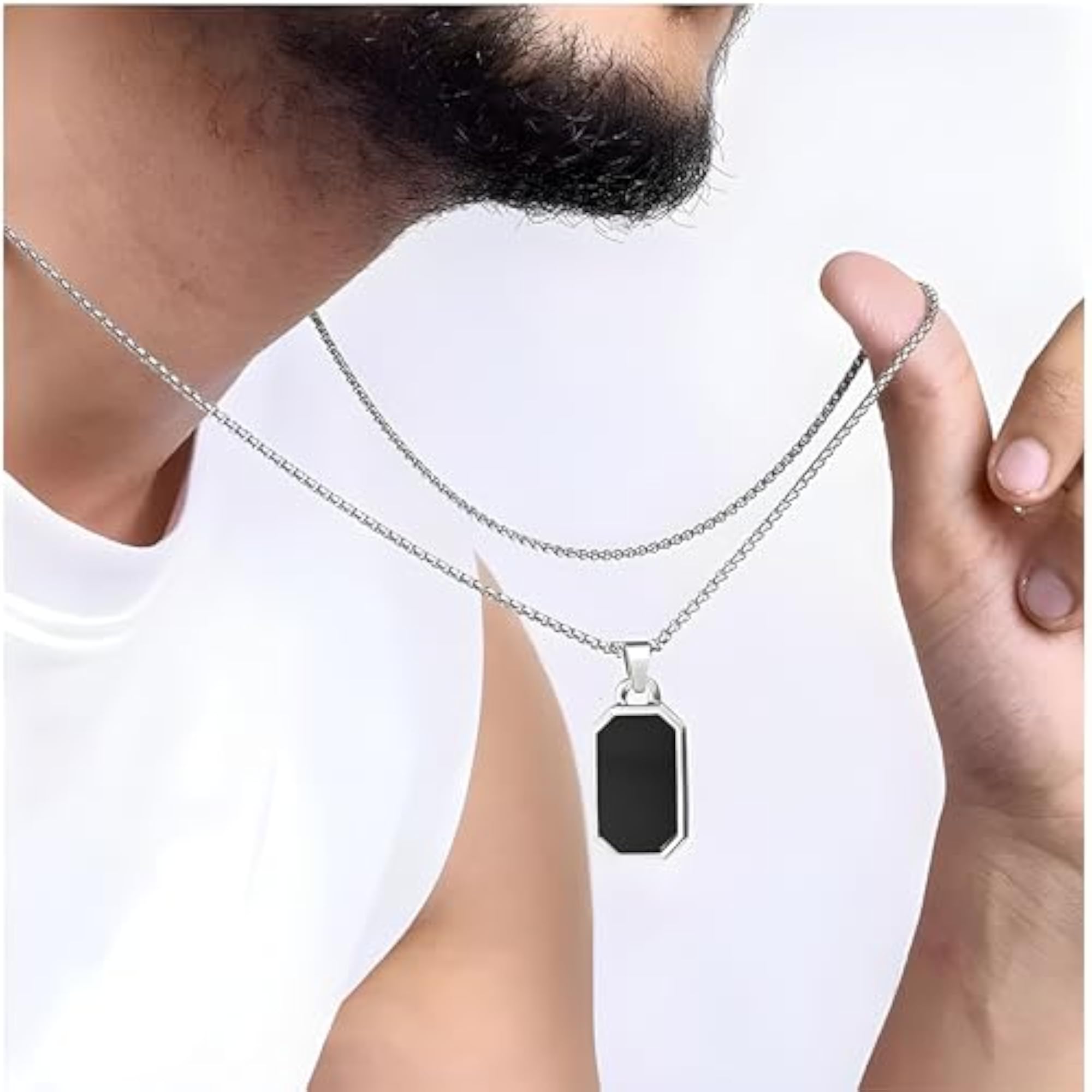 Men's Black Silver Geometric Chain Necklace with Locket