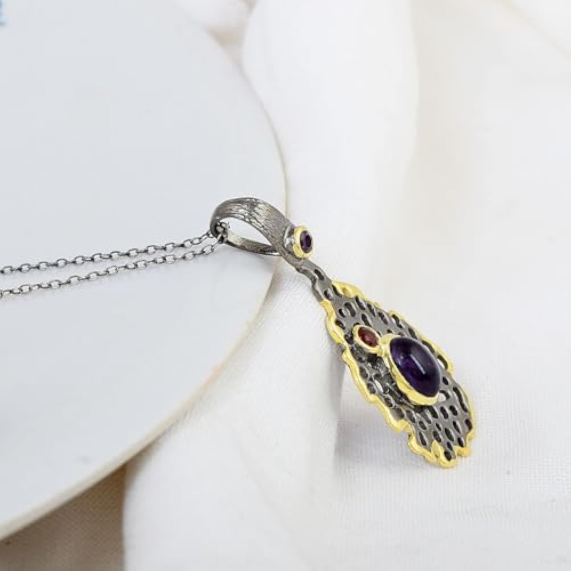 Women's Ethnic Amethyst & Garnet 925 Sterling Silver Boho Pendant Necklace