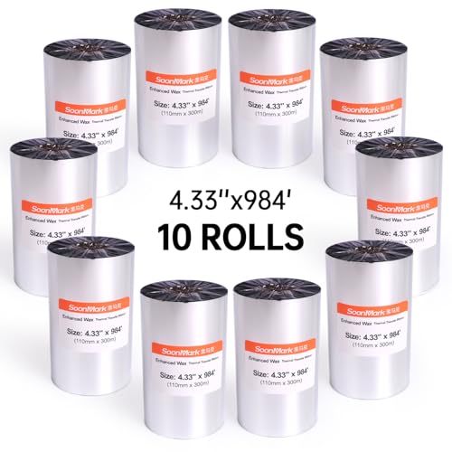 10 Rolls 4.33" x 984' (110mm X 300m) Thermal Transfer Wax Resin Ribbon for Label Tag Barcode Printing for Zebra,TEC,DATAMAX,etc