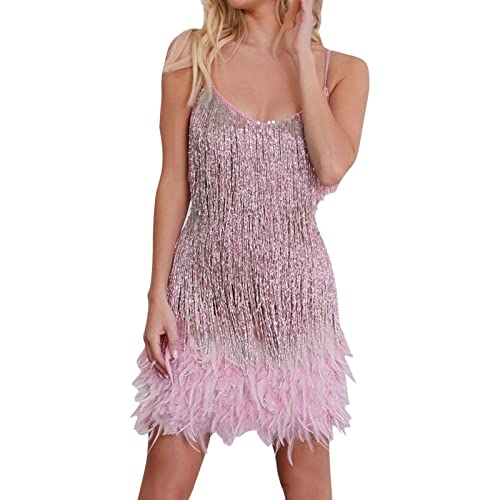 PINTUTU Femme Robe Couleur Unie sans Manche 1920S Robe à Frange Bretelles Chic Robe à Charleston Déguisement pour Soirée Danse Latine Robe sans Manches en...