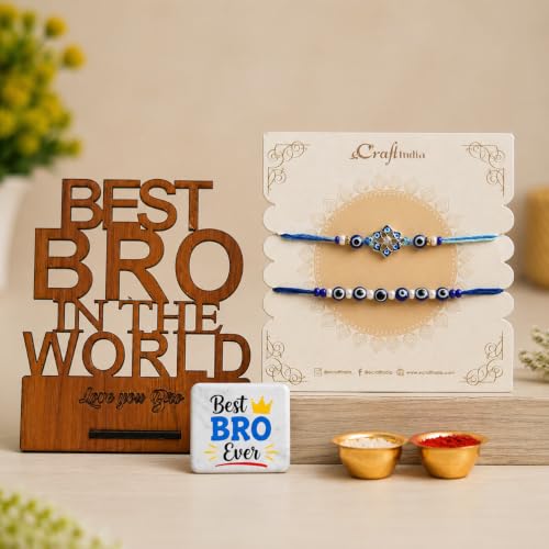 Image of eCraftIndia Designer Blue Evil Eye Rakhi Set with Best Bro Ever Fridge Magnet & Wooden Best Bro in the World Showpiece | Handmade Raksha Bandhan Gift Combo for Brother
