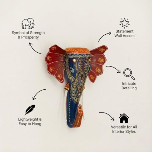Image of ATRANGI STUDIO Handpainted Wooden Elephant Wall Decor | Ethnic Wooden Wall Art | Symbol of Strength & Wisdom | Wall Hanging for Home, Corridor & Balcony | Ready to Hang | 11 Inch, Blue