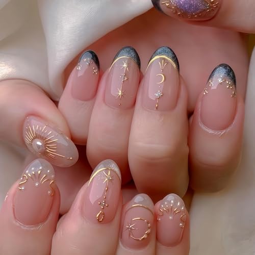 Image of French Tip Press on Nails Gold Fake Nails with Pearl Design Nude Glue on Nails Medium Almond False Nail Glossy Full Cover Artificial Acrylic Glitter Stick on Nail for Women Girls Manicure 24Pcs