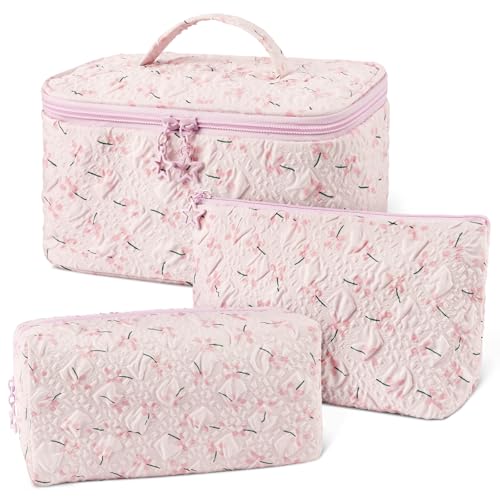Aucuu 3PCS Coquette Makeup Bag, Quilted Makeup Bag for Women, Floral Cosmetic Bag Set, Large Capacity Aesthetic Floral Toiletry Bag, Travel Toiletry Bag, Wash Organizer Pouch for Women Girls