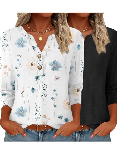 GKBK Womens Tops 3/4 Length Sleeve V Neck Button Down Loose Fit Shirts Business Casual Basic Tees Winter Fashion 2026 Dressy Casual Going Out Blouses Trendy Outfits Black/Flower L - image 1