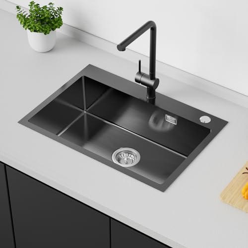 Spülbecken Schwarz 65 x 45 cm, Auralum Spüle Küche 1 Becken, Einbauspüle mit Hahnloch und Seifenspenderloch, Küchenspüle Edelstahl mit Siphon und Überlaufgarnitur (Ohne Seifenspender), AUZF0608