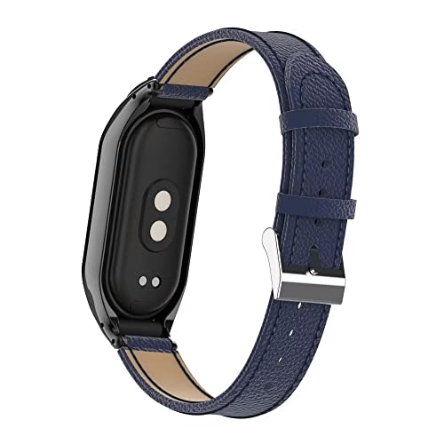 T-BLUER Compatible with Xiaomi Mi Smart Band 8 Strap,Mi Band 8 Leather Replacement Bracelet Band Wristband Accessories with Metal Frame for Xiaomi Smart Band 8 Blue - Image 4