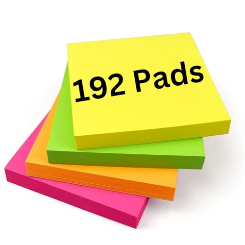 Notas adhesivas brillantes de 76 x 76 mm, 192 blocs de 100 hojas, notas coloridas en amarillo, rosa, naranja, verde o melocotón, toma de notas, recordatorios, lista de verificación
