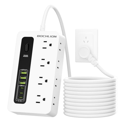 Regleta de alimentación con USB, protector contra sobretensiones plano de 6 pies, cable de extensión con 8 tomas, 3 puertos USB y 3 extremos tipo C (5V/3A), extensor de toma para hogar y oficina (Blanco)