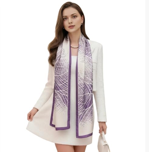Foulard en soie violet blanc femme écharpe formelle légère grand format 180x90