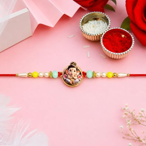 Image of Oblivion Rakhi For Brother - Elegant Stylish God Designer Rakhi with Beads and Silver Colour Pooja Coin, Tilak Set & Greeting Card - Traditional Raksha Bandhan Combo for Bhai