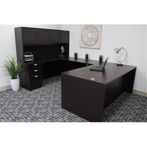 Pemberly Row U-Shape Desk Credenza with Pedestal and Hutch, 71" x 108" x 65.5", Engineered Wood, Mocha Finish, Scratch-Resistant Surface, Locking File Storage, ANSI/BIFMA Compliant, Office/Home