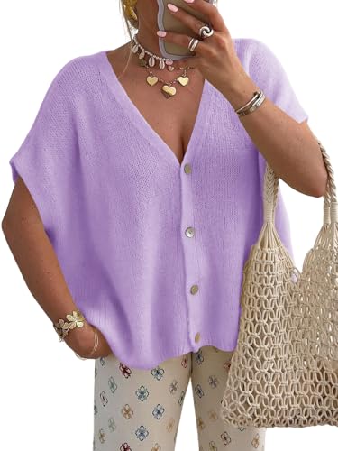 Image of Saodimallsu Womens Summer Oversized Cardigans Batwing Short Sleeve Lightweight Button V Neck Casual Knit Sweater Tops