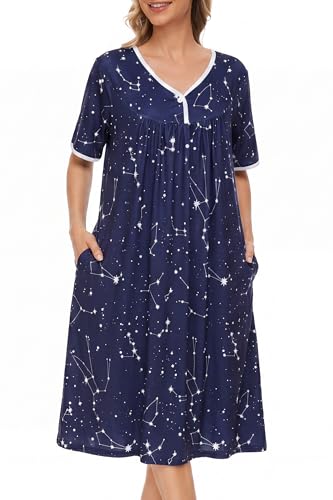 Image of AVIIER Nightgows for Women Soft Cotton Night Shirts Short Sleeve Sleepwear with Pockets