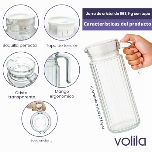 Miniatura 3 de Jarra Cristal Nevera 1l De Vidrio Con Tapa Pack De 2 - Jarra Transparente Con Diseño Acanalado Y Asa Para Estante Del Frigorífico Y Uso Diario Con Boquilla Con Ventilación