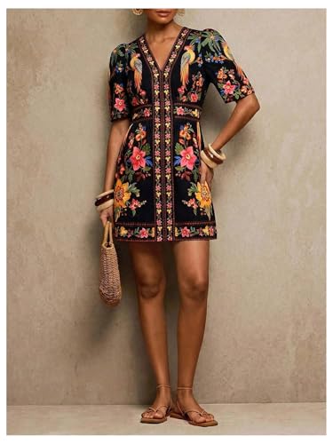 Image of RoseSeek Women's Boho Tropical Floral Dress V Neck Puff Sleeve Mini Dresses