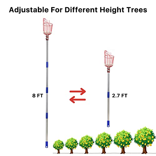 Fruit Picker, 8 Ft Fruit Picker Pole With Large Basket, Length Adjustable Gardening Tools, Picking Peaches, Mango, Apple, Orange, Fruit Catcher For Trees With Metal Long Handle, Extra Carrying Bag #TOP3