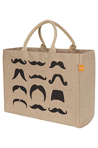Image of KAF Home Jute Market Tote Bag with Mustaches Print, Durable Handle, Reinforced Bottom and Interior Zipper Pocket, Generous capacity, 12.5 inch tall x 17 inch wide x 7 inch deep