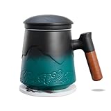 ZENS Teetasse mit Deckel und Sieb, 500 ml Große Holzgriff Teebecher mit Teesieb für Losen Tee, Geprägtem Keramik Teetassen und Untersetzer Set, Geschenke für Teeliebhaber, Schwarz und Grün