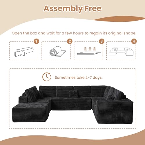 Image of HOOOWOOO Cloud Sectional Couches for Living Room,Modular Sectional Sofa No Assembly,136X108 Inch Plush Corduroy Large U Shaped Floor Couch Set with Deep Seat Ottoman(Black)