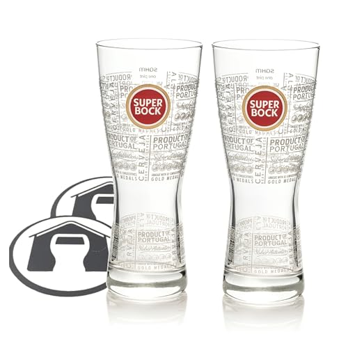 GarageBar Vaso de cerveza Super Bock Pint | nucleado | pinta a borde | Producto oficial | Viene con 2 alfombrillas de goteo de cerveza | 2 vasos