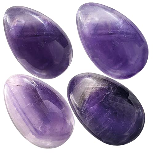 KYEYGWO 4 Pièces Améthyste Reiki Ensemble Oeufs, Ovale Polie Cristal Ornement de Boule Figurines, Massage Soulagement Pierres, Paume Poche Pierre pour Stress de Méditation, Décoration Intérieur