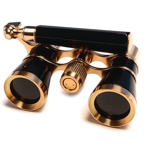 HQRP 3 x 25 Opera Glasses Theater Binoculars, Black with Gold Color Trim, w/Built-in Extendable Handle, Crystal Clear Optics (CCO), for Adults Kids Women in Musical Concert, Gift Box