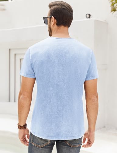 Mens Distressed Henley Shirts Retro Short Sleeve Tee Shirts Casual Button Down Washed T-Shirts for Men