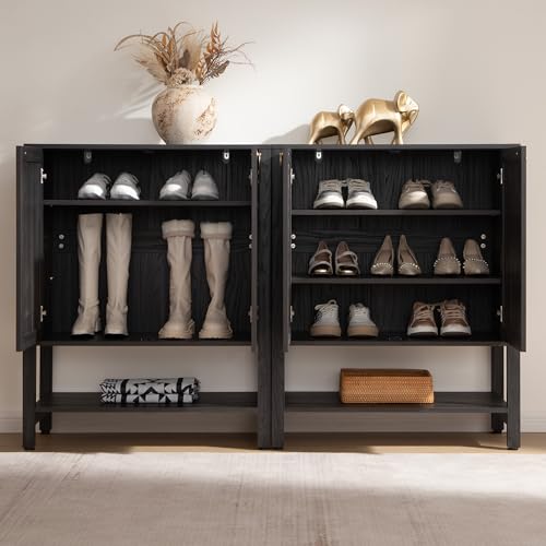 Image of SICOTAS Shoe Storage Cabinet for Entryway - 5 Tier Rattan Entry Shoe Organizer Cabinet with Shelves & Doors, 2 Pieces Farmhouse Boho Tall Shoe Rack for Hallway, Living Room, Closet (Obsidian)
