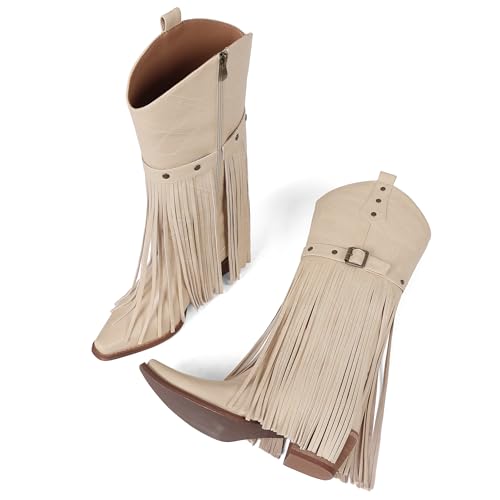 Image of Cowgirl Boots for Women Retro Pointed Toe Pull On Block Chunky Heel Embroide Tassel Country Concert Outfits Mid Calf Western Fringe Cowboy Boots