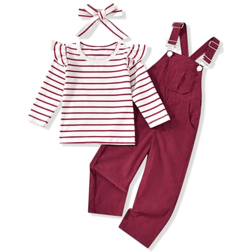 HINTINA 5T Toddler Little Girl Fall Clothes Corduroy Bib Overalls Jumpsuit Romper Suspender Pants Trousers Ruffle Long Sleeve Striped T-Shirt Top Clothing Set Winter Spring Outfits 5-6T Years