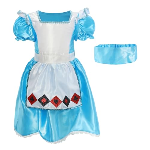 Disfraz de niña Sweetie para niña, talla XL, vestido azul satinado, delantal adjunto con decoración de traje de cartas de juego, disfraz de película para televisión para el Día Mundial del Libro