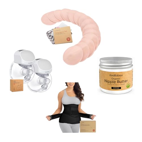 KeaBabies 14-Pack Nursing Pads with Nipple Butter Cream, Wireless Breast Pump, and 3 in 1 Postpartum Belly Band - All in 1 Breastfeeding and Postpartum Essentials for New Moms