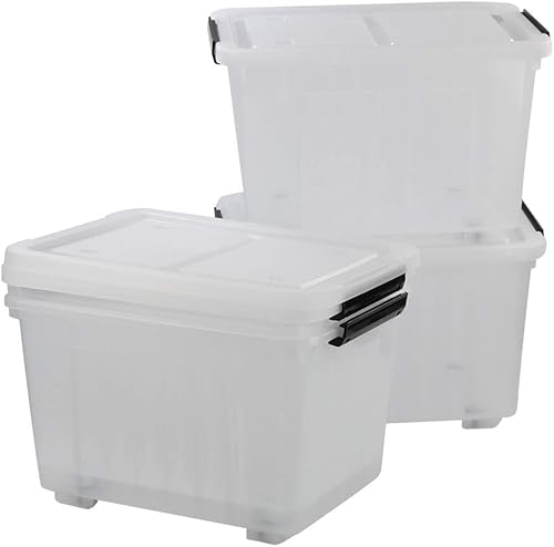 Caja de almacenamiento de plástico transparente de 30 L con ruedas, paquete de 4 contenedores de plástico transparente