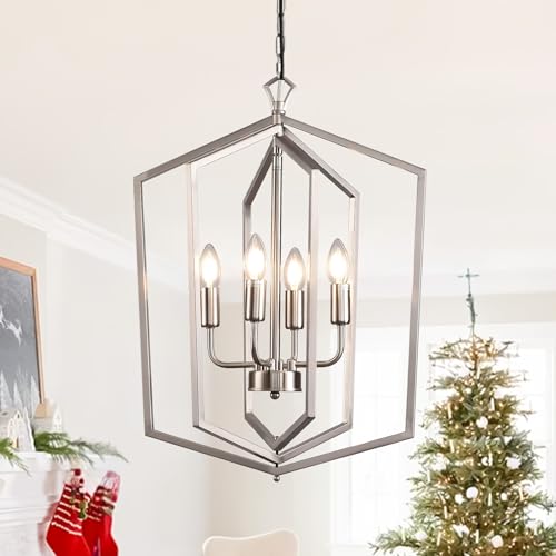 WJShome 18.1" Silver Chandelier, 4-Light Farmhouse Foyer Lighting Fixtures, Modern Hanging Ceiling Lantern Pendant Light, for Dining Room, Kitchen Island, Hallway, Entrance, Staircase by WJShome - Used condition - US$100.84
