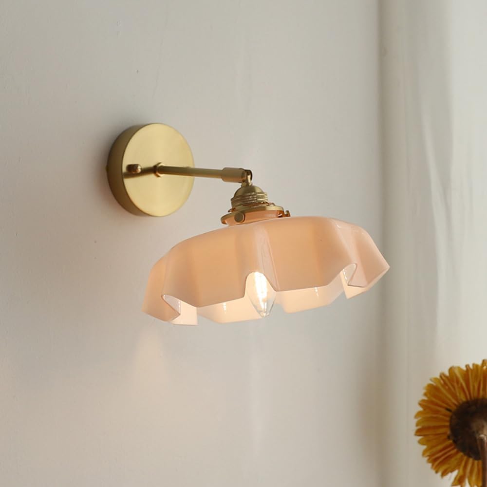 HUAYUSEDF Vintage den Flower Wall Sconce - Hardwired Medieval Milk Glass Adjustable Nordic Modern Mounted Lamp for Bedroom, Living Room, Farmhouse Decor, Elegant Lighting Fixture(Pink)