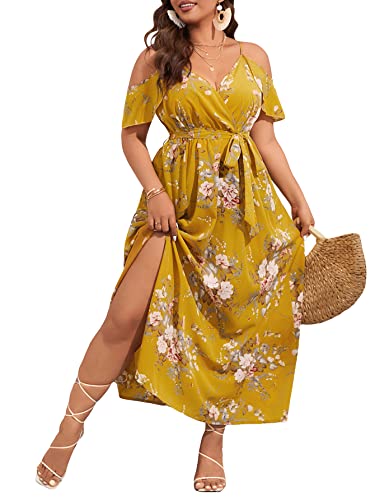Image of Floerns Women's Plus Size Cold Shoulder Short Sleeve Split Thigh Long Dress