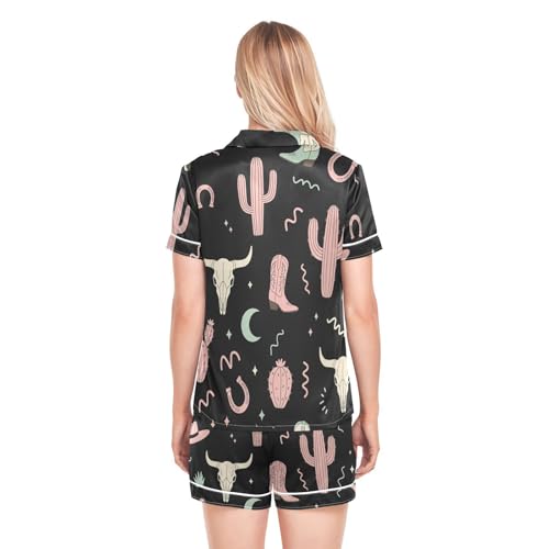 Image of Womens Silk Satin Pajamas Set Western Theme Womens Short Sleeve Shorts Set 2 Piece Sleepwear Lounge Set S-XXL