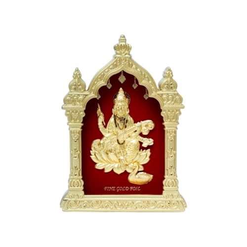 Image of EKA Temple Series Saraswati Maa Tabletop|Gold Foil Goddess Saraswati |Showpiece for Study Table, Home Temple & Office Decor|Ideal Gift for, Festivals & Housewarming- 9cm x 4cm x 11cm