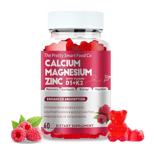 Calcium Magnesium Zinc Gummies with Vitamin D3 & K2 for Bone Muscle & Immune Support - High Potency Enhanced Absorption - 60 Raspberry Gummies