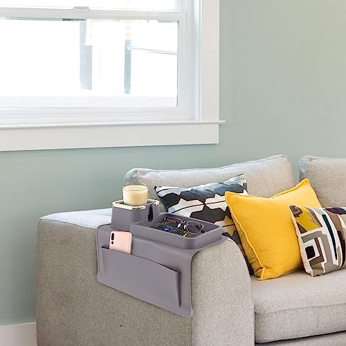 Couch Cup Holder Tray, Non-Slip Sofa Armrest Tray Silicone Sofa Cup Holder Multifunctional Couch Armrest Tray Grey Couch Caddy with Cup Holder for Cups Glasses Remote Control Phone(Grey)