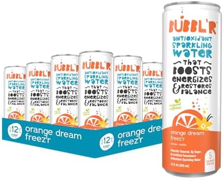 BUBBL'R orange dream freez'r, Antioxidant Sparkling Water with Natural Caffeine, 0g Sugar, Gluten Free, All Natural Flavors, 12 Fl Oz Cans, 12 Count