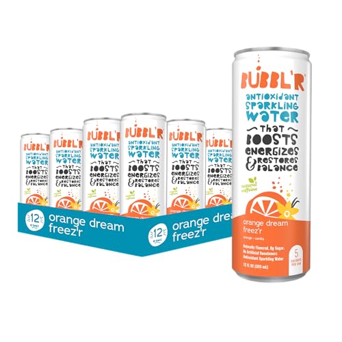 BUBBL'R orange dream freez'r, Antioxidant Sparkling Water with Natural Caffeine, 0g Sugar, Gluten Free, All Natural Flavors, 12 Fl Oz Cans, 12 Count