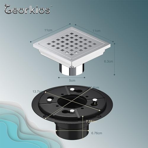 4 Inch Square Shower Floor Drain, SUS304 Stainless Steel Flange with Removable Grid Cover Hair Strainer, Brushed Nickel by Georkios - Image 6