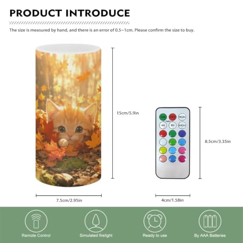 Image of Poceacles Flameless Candle Electric LED Lights with Timer Remote Color Lights, 3 AAA Batteries Operated (Not Include) Tealight for Home Indoor Fall Decor, Cartoon Cat Fall Forest Autumn Leaf