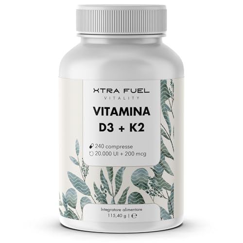 Vitamina D3 K2 capsule 20000 UI + vitamina K2 MK7 200 mcg per capsula - 210 capsule (alto dosaggio) - senza additivi - testato, vegano e senza additivi