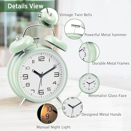 Image of Azyh Loud Alarm Clock for Heavy Sleepers Adults, Metal 4 Inches Twin Bell Battery Operated Alarm Clocks for Bedrooms Decoration, Silent Non-Ticking Back-to-School Gift (Mint Green)