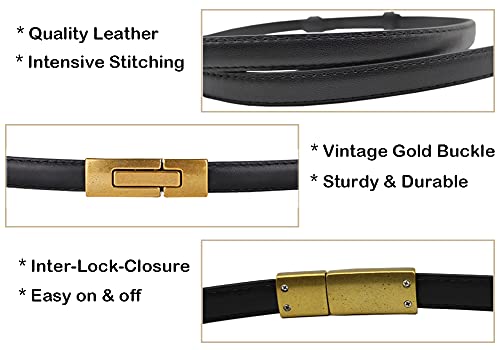 Alaix Women's Leather Skinny Belt For Dress Adjustable Thin Waist Belt Dress Belt With Vintage Gold Buckle Black #TOP3